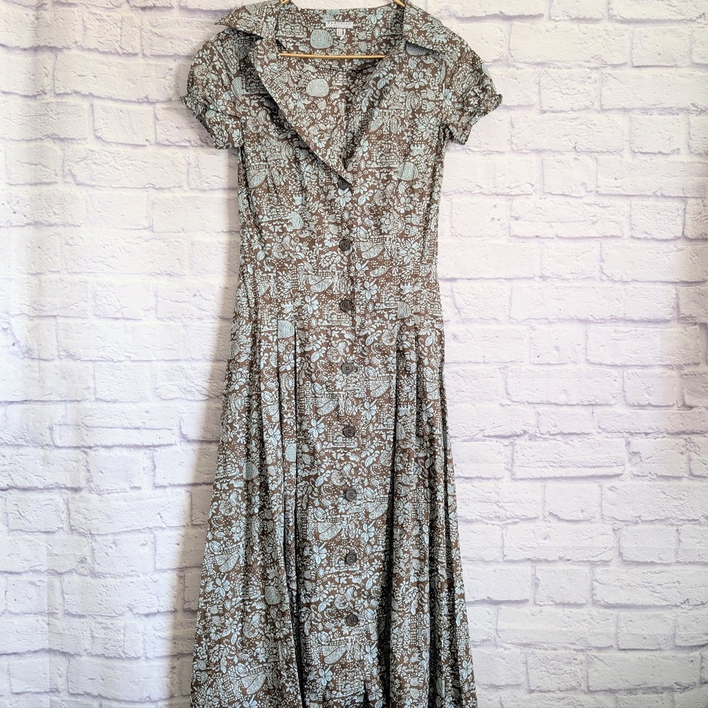 Peruvian Connection Button Front Midi Shirt Dress 4 Blue Brown Print Boho
